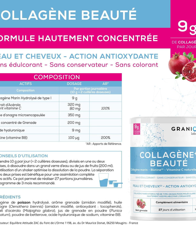 GRANIONS COLLAGENE + BEAUTE Peau et Cheveux - Poudre Parfum Grenade 275g
