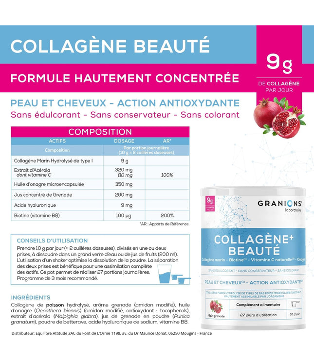 GRANIONS COLLAGENE + BEAUTE Peau et Cheveux - Poudre Parfum Grenade 275g